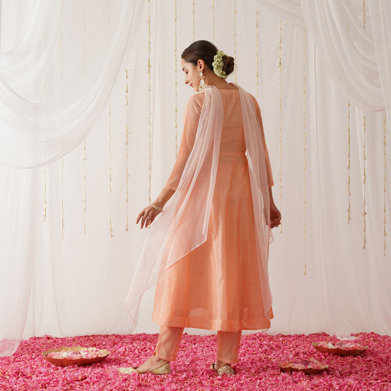 Peach Chanderi Kurta Set with Dupatta