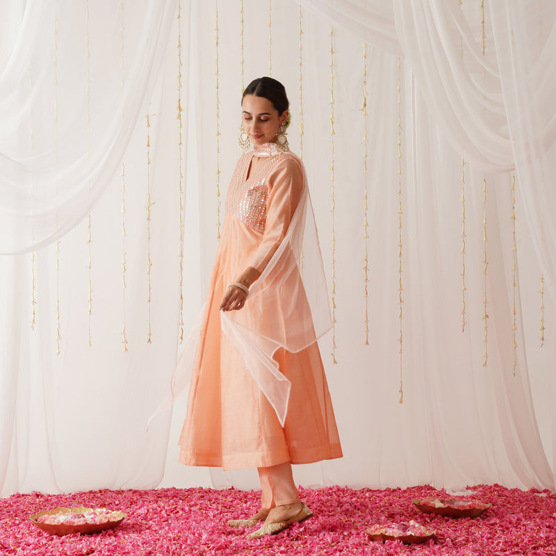 Peach Chanderi Kurta Set with Dupatta