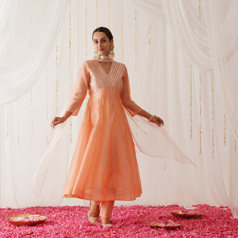 Peach Chanderi Kurta Set with Dupatta