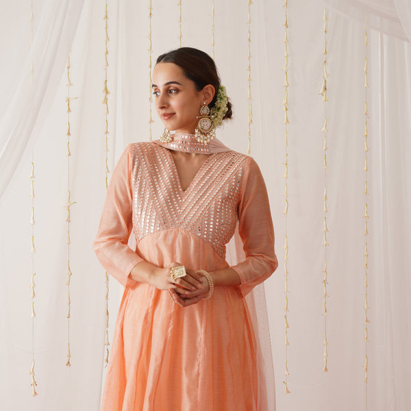 Peach Chanderi Kurta Set with Dupatta