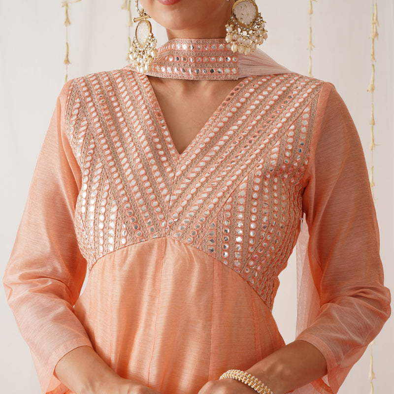 Peach Chanderi Kurta Set with Dupatta