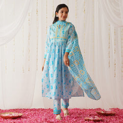 Blue Neck Embroidered Kurta Pant Set with Dupatta