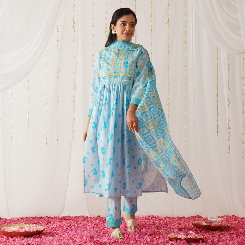 Blue Neck Embroidered Kurta Pant Set with Dupatta