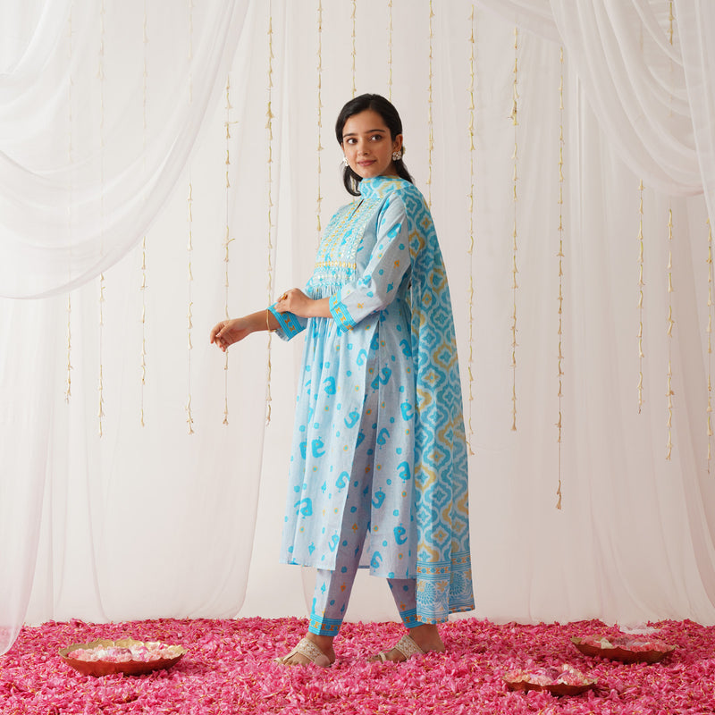 Blue Neck Embroidered Kurta Pant Set with Dupatta