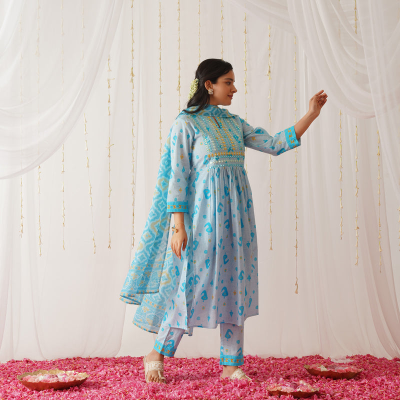 Blue Neck Embroidered Kurta Pant Set with Dupatta