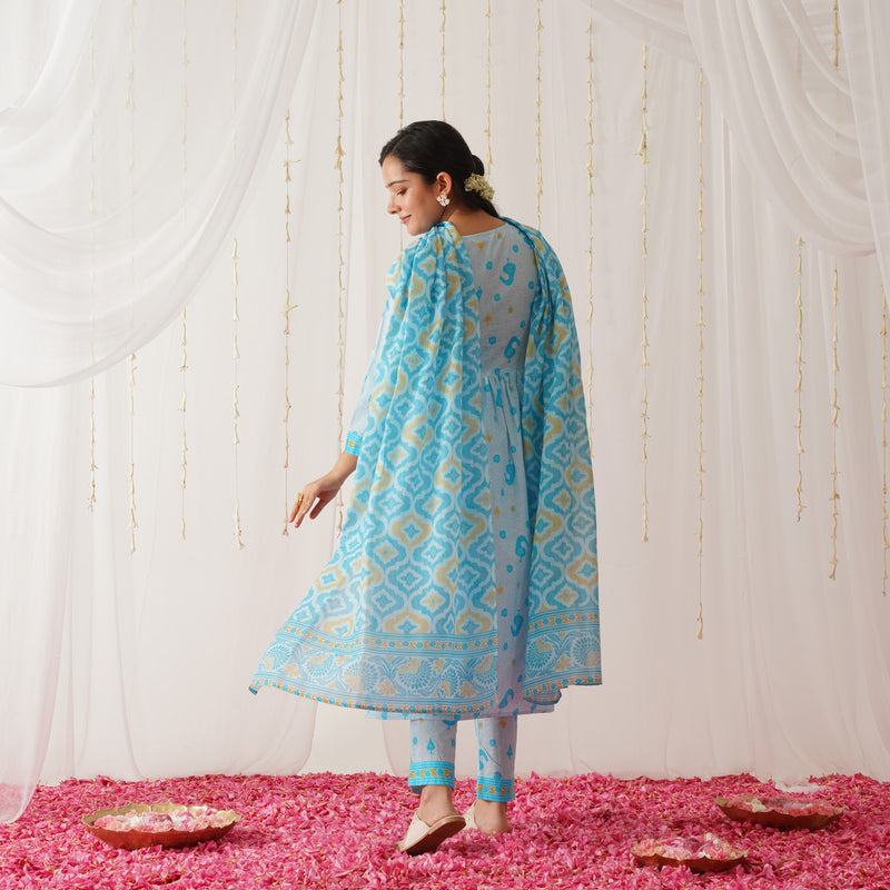 Blue Neck Embroidered Kurta Pant Set with Dupatta
