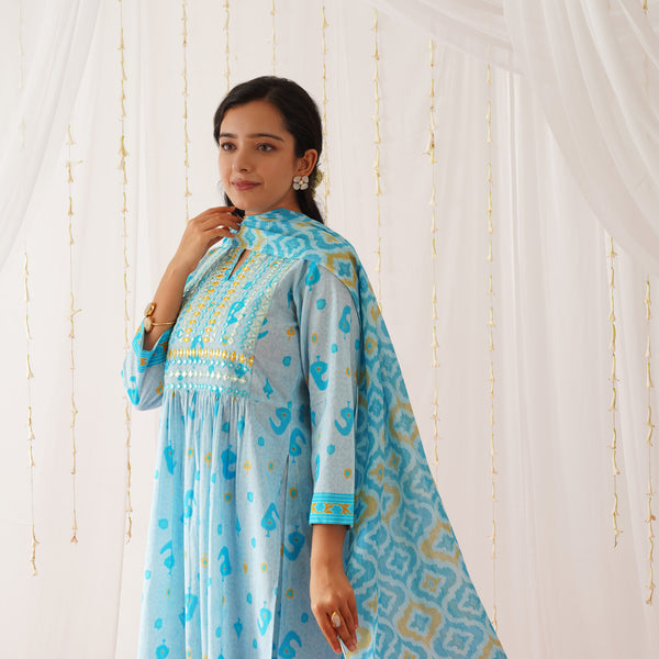 Blue Neck Embroidered Kurta Pant Set with Dupatta