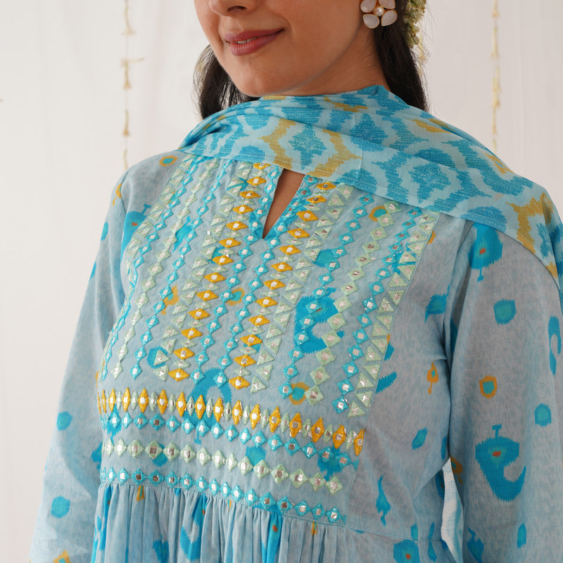 Blue Neck Embroidered Kurta Pant Set with Dupatta