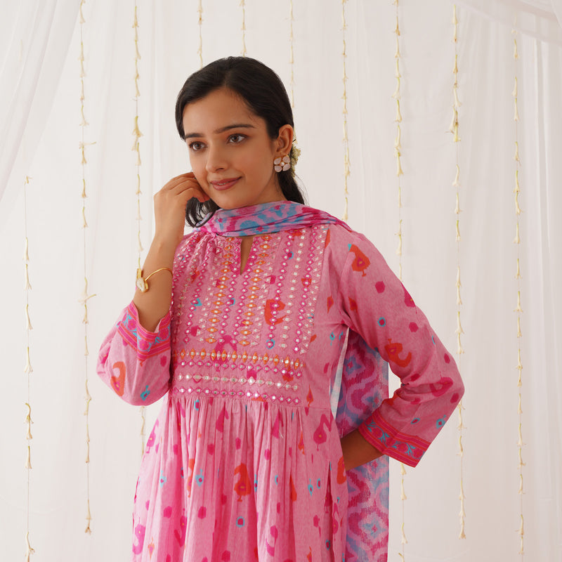Pink Neck Embroidered Kurta Pant Set with Dupatta