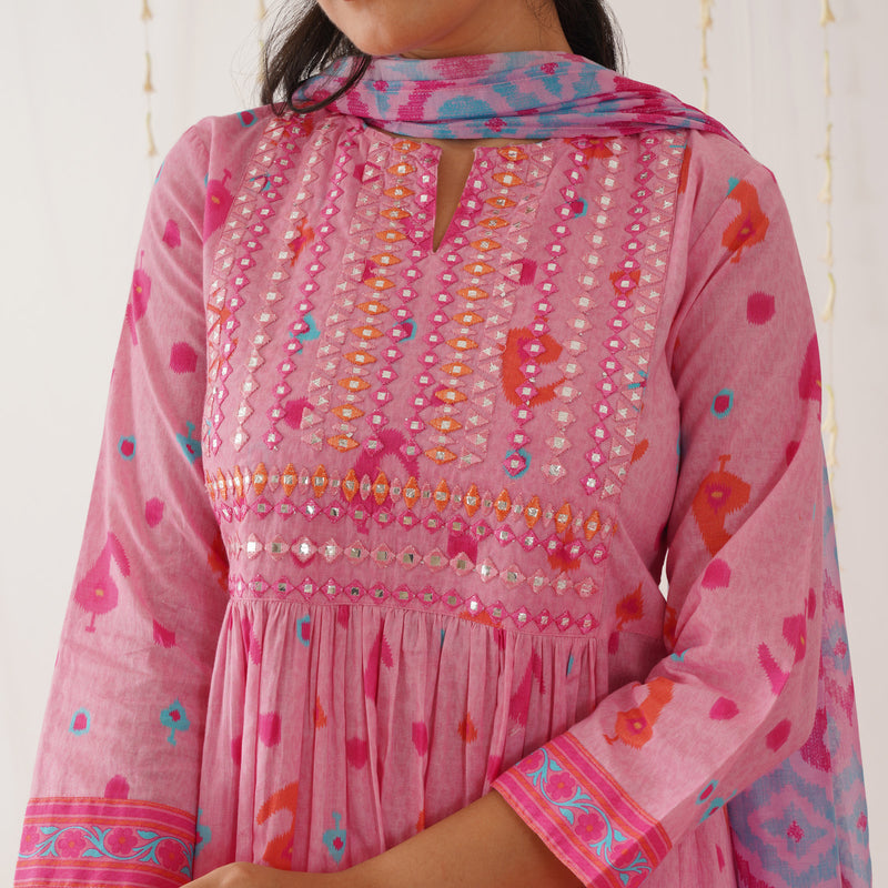 Pink Neck Embroidered Kurta Pant Set with Dupatta