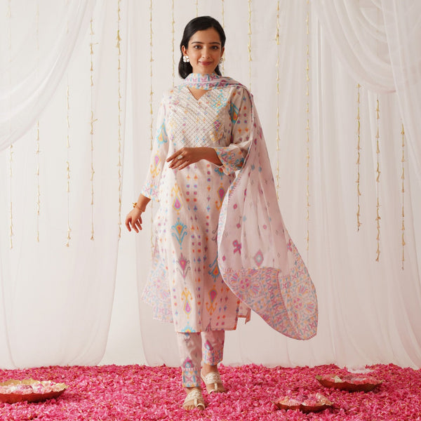 Off White Yoke Embroidered Kurta Pant Set with Dupatta