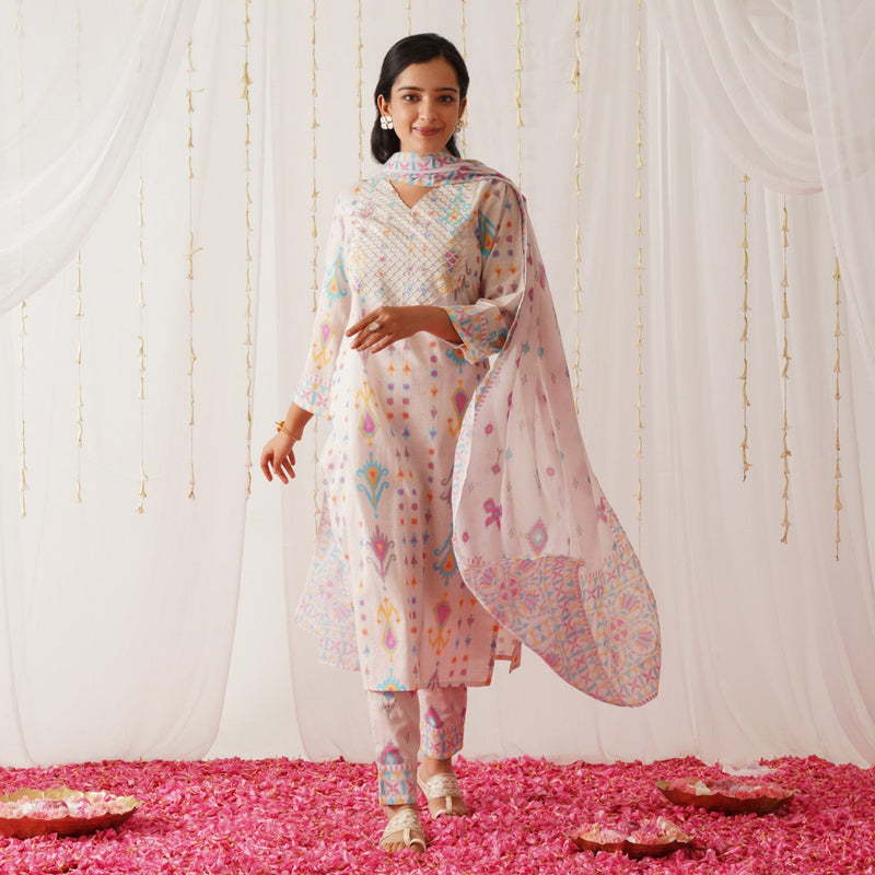 Off White Yoke Embroidered Kurta Pant Set with Dupatta