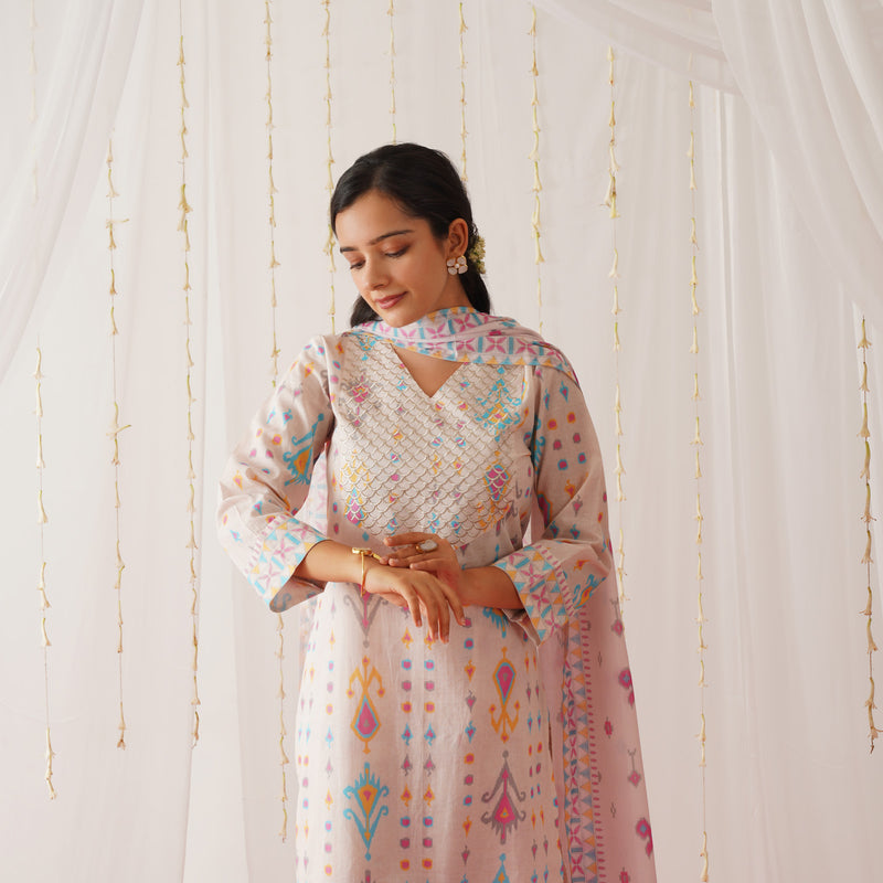 Off White Yoke Embroidered Kurta Pant Set with Dupatta