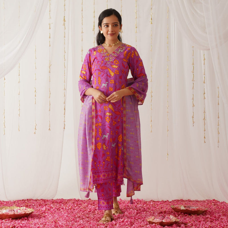 Lavender Neck Embroidered Kurta Pant Set with Dupatta