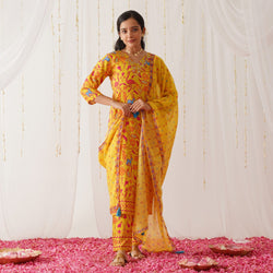 Yellow Neck Embroidered Kurta Pant Set with Dupatta