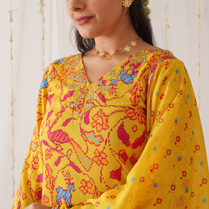 Yellow Neck Embroidered Kurta Pant Set with Dupatta