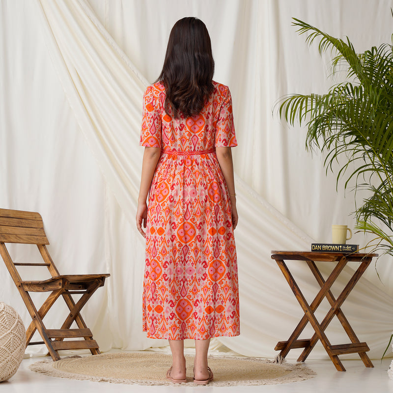 Peach Ikat Printed Maxi Dress with Waist Tie Up Detail