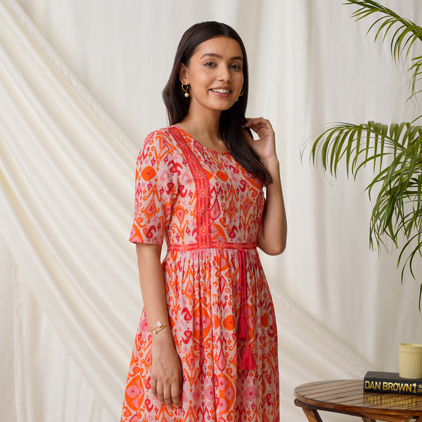 Peach Ikat Printed Maxi Dress with Waist Tie Up Detail