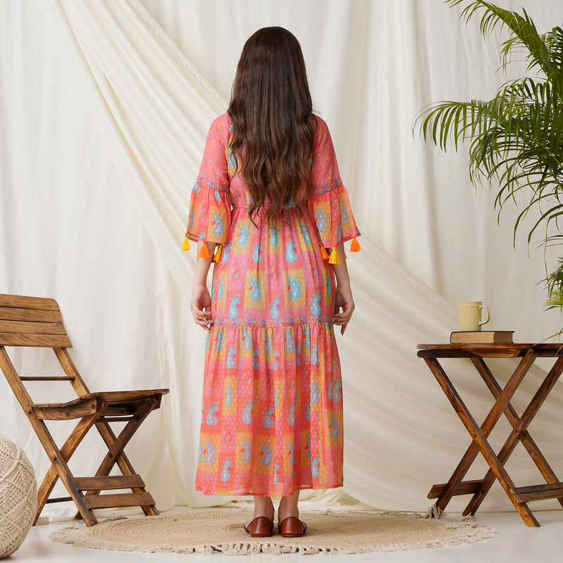 Paisley Printed Peach Multicolored Tiered Dress with Sequins Details