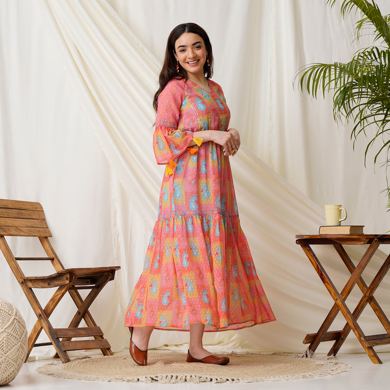 Paisley Printed Peach Multicolored Tiered Dress with Sequins Details