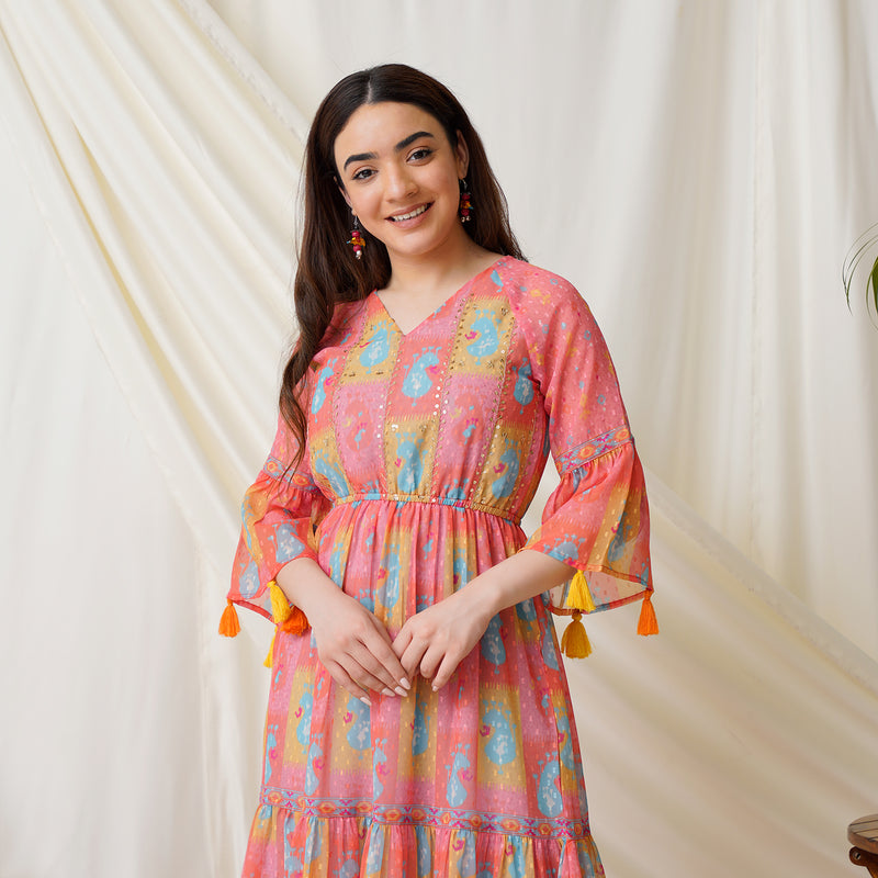 Paisley Printed Peach Multicolored Tiered Dress with Sequins Details