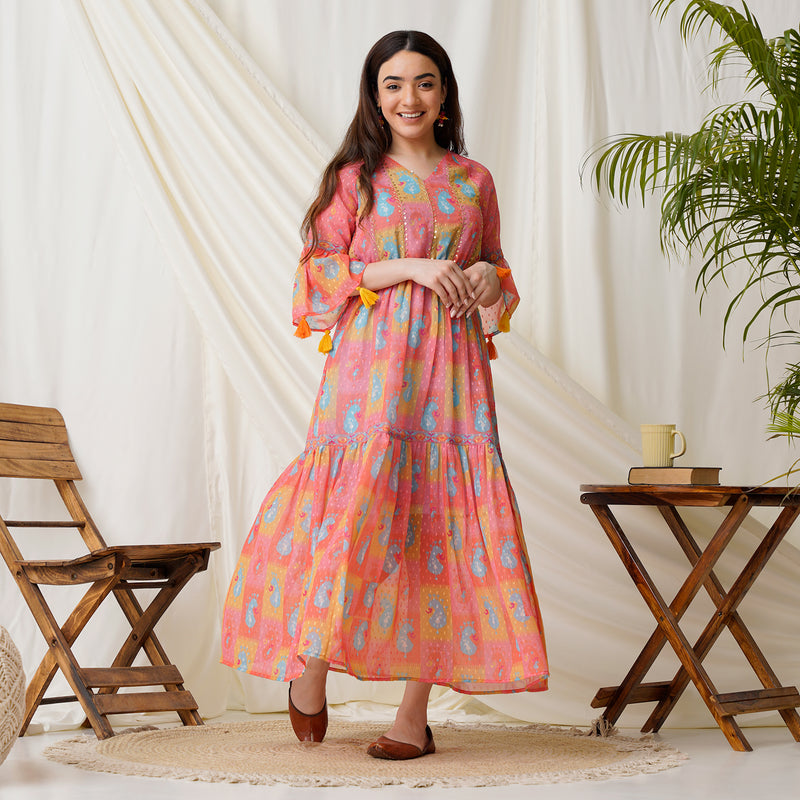 Paisley Printed Peach Multicolored Tiered Dress with Sequins Details