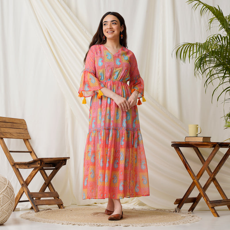 Paisley Printed Peach Multicolored Tiered Dress with Sequins Details