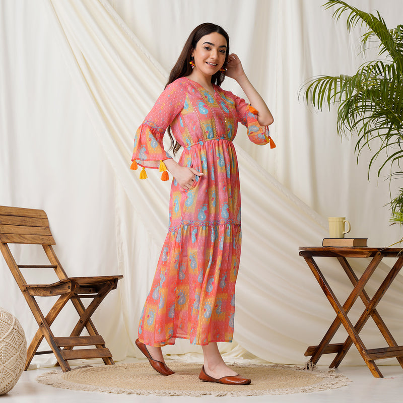 Paisley Printed Peach Multicolored Tiered Dress with Sequins Details