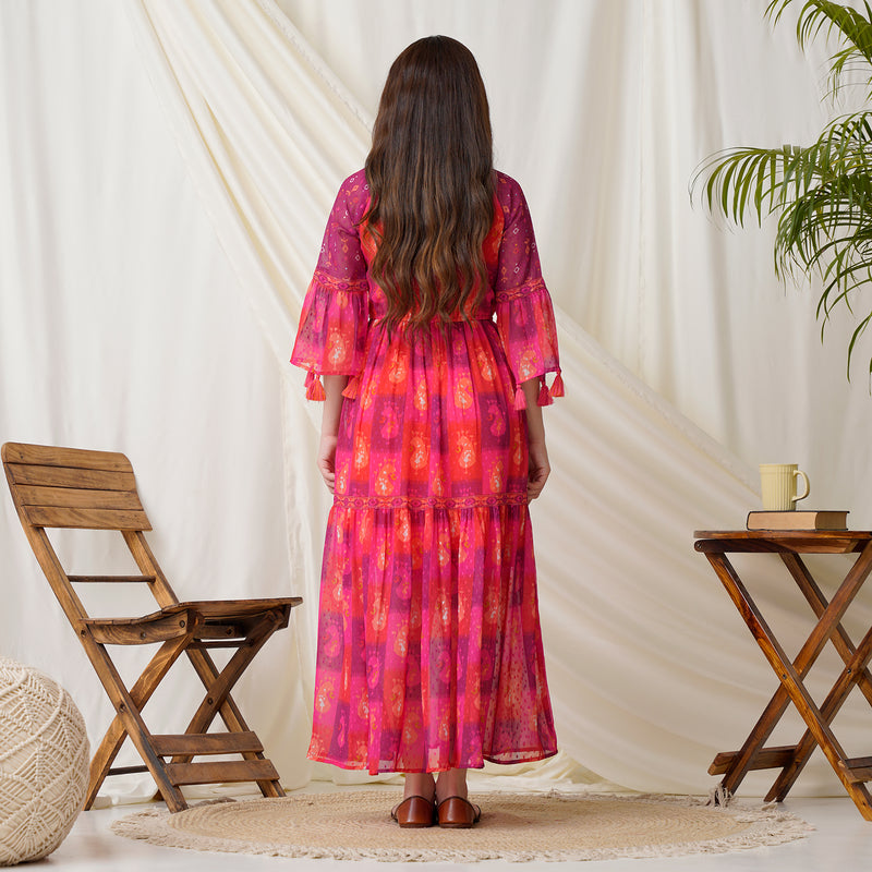 Paisley Printed Magenta Multicolored Tiered Dress with Sequins Details