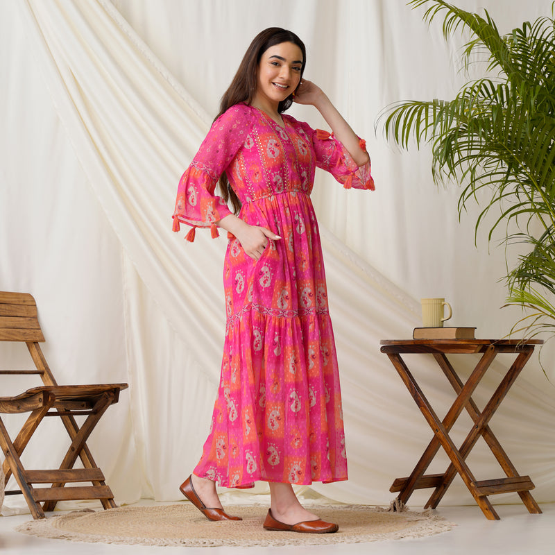 Paisley Printed Pink Multicolored Tiered Dress with Sequins Details