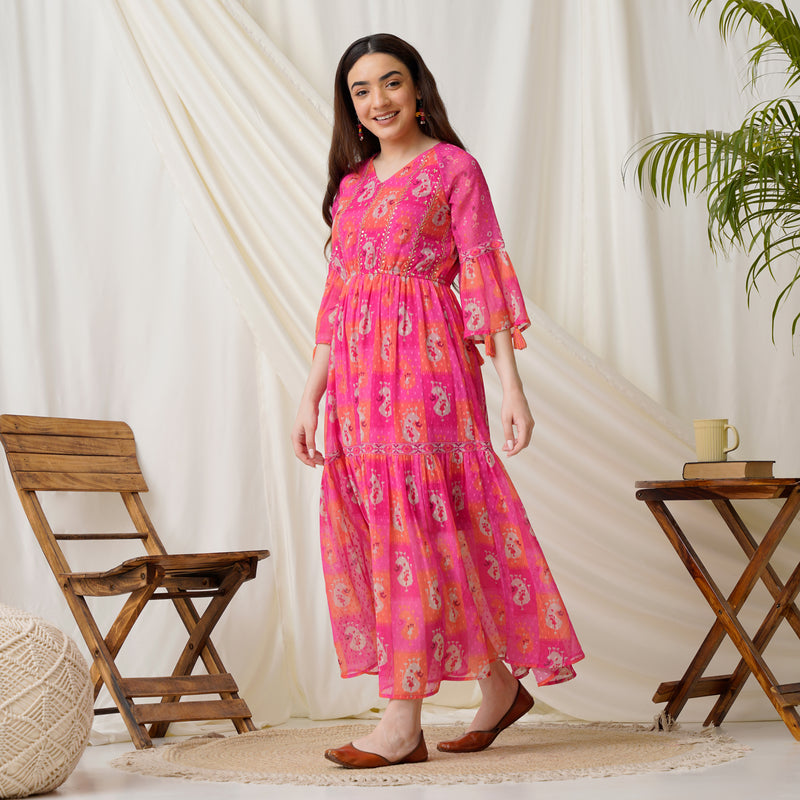 Paisley Printed Pink Multicolored Tiered Dress with Sequins Details