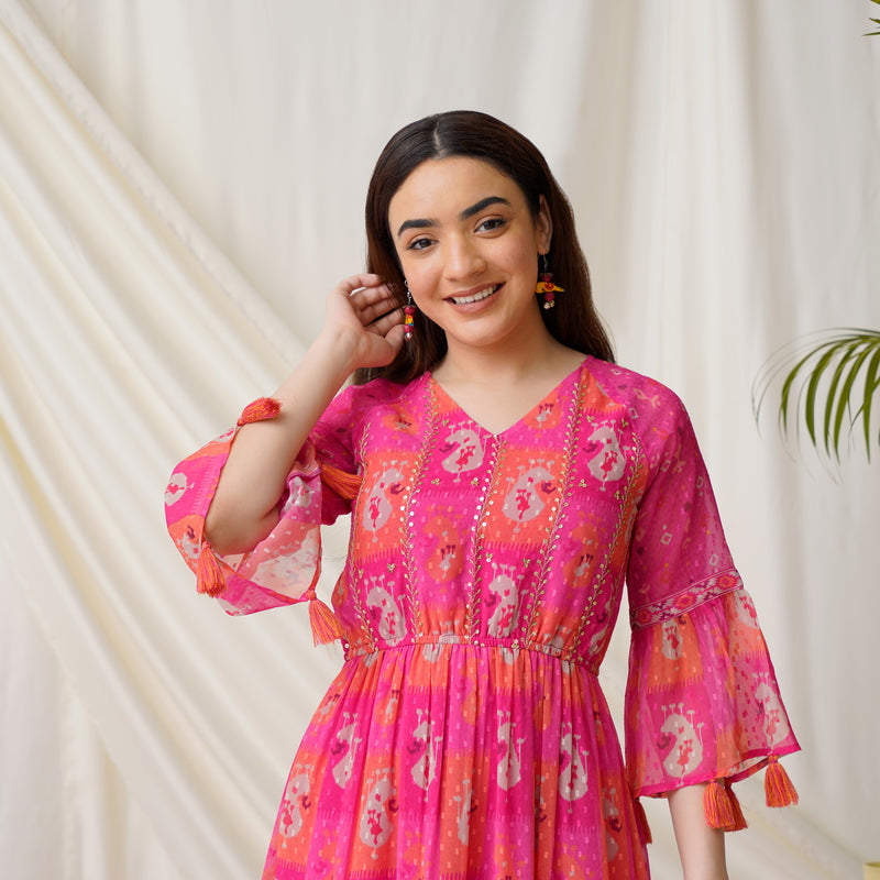 Paisley Printed Pink Multicolored Tiered Dress with Sequins Details
