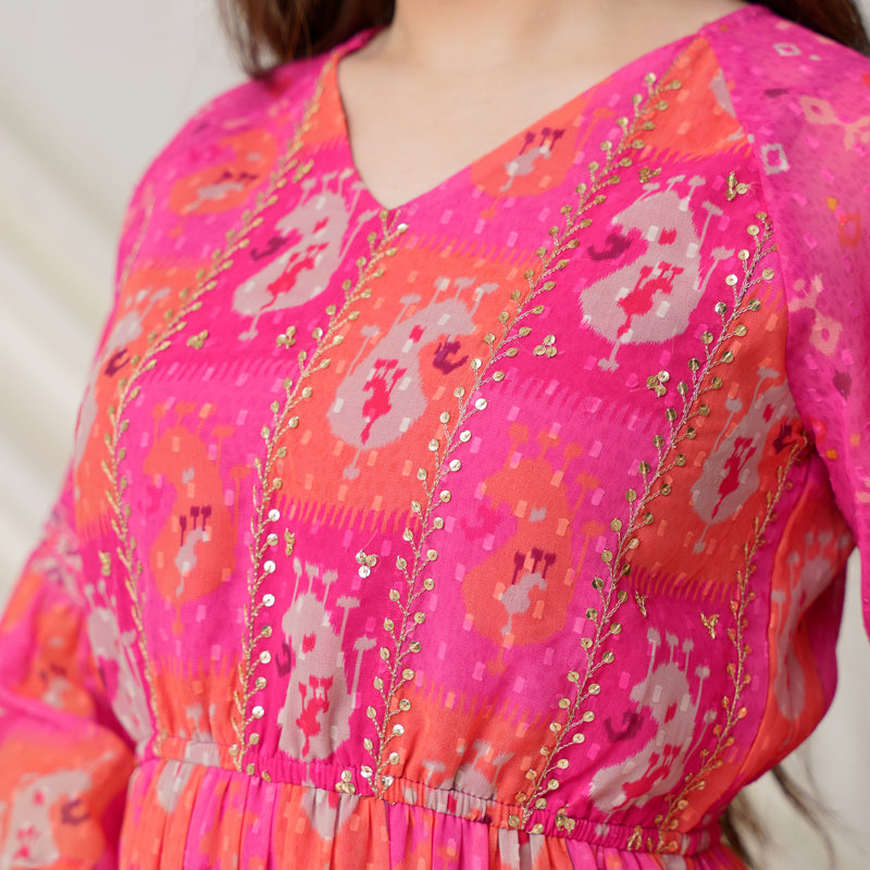Paisley Printed Pink Multicolored Tiered Dress with Sequins Details