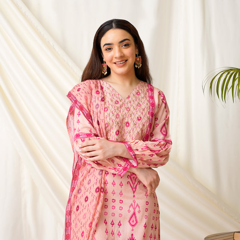 Peach Embroidered Salwar Kurta Set with Dupatta