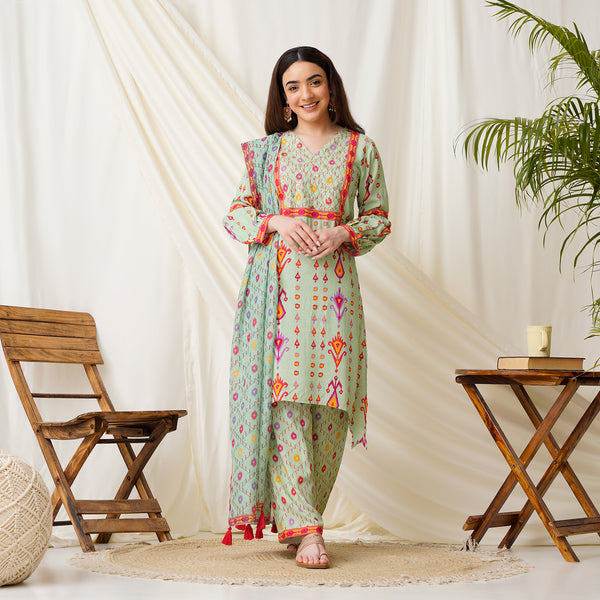 Mint Green Embroidered Salwar Kurta Set with Dupatta