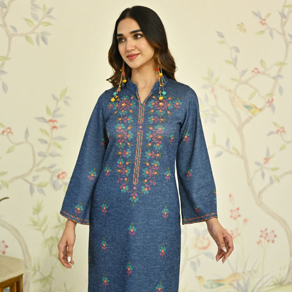 Navy Blue Geometric Floral Woollen Kurta with Embroidery Detail