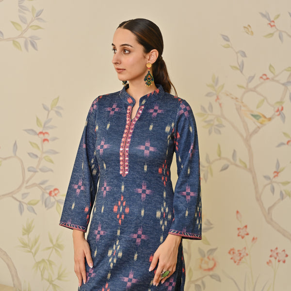 Navy Blue Embroidered & Ikat Printed Woollen Kurta