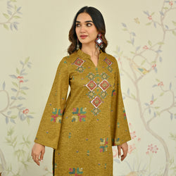 Mustard Phulkari Printed Woollen Kurta with Sequins Work