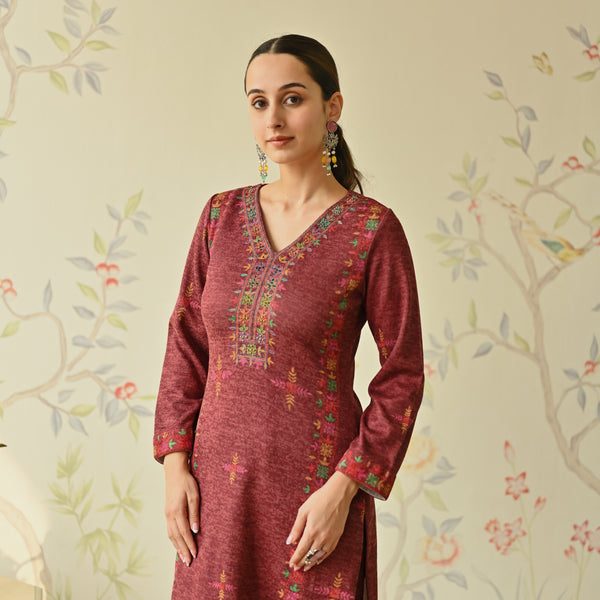 Maroon Embroidered & Phulkari Printed Woollen Kurta Pant Set