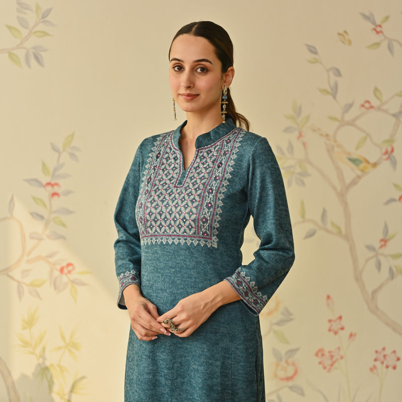 Teal Embroidered & Monotone Woollen Kurta