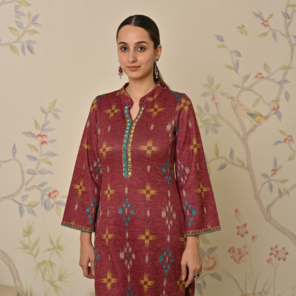 Maroon Embroidered & Ikat Printed Woollen Kurta