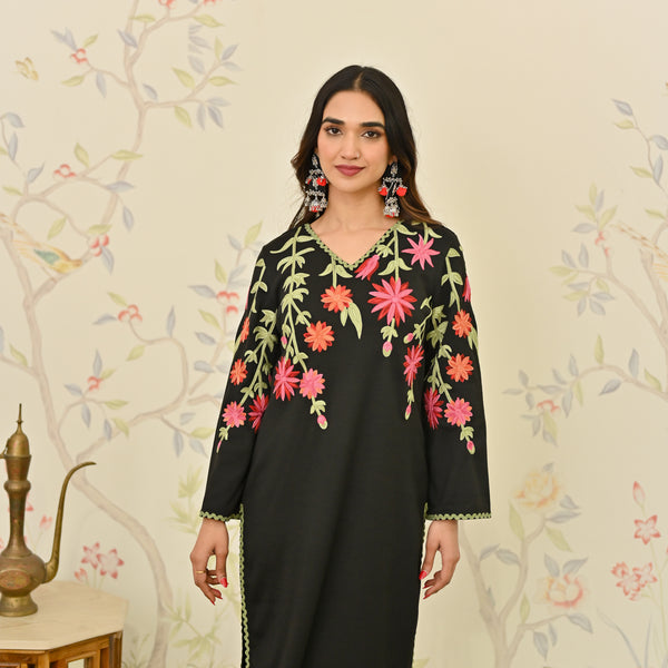 Black Woollen Aari Embroidered Kurta with Lace detail