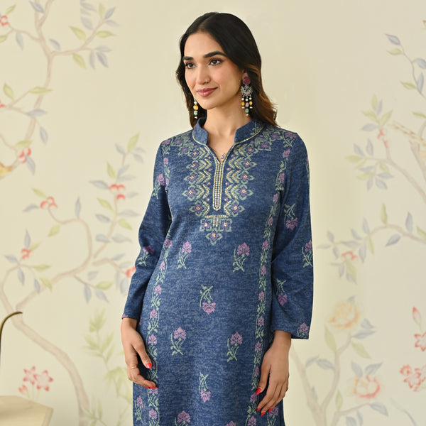 Navy Blue Embroidered Woollen Kurta Pant Set