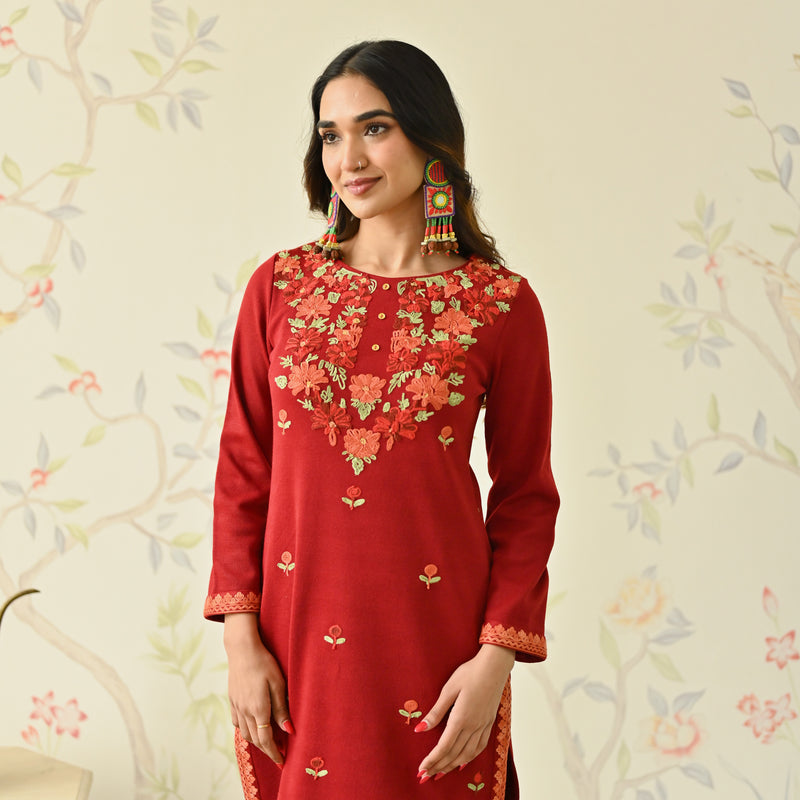 Maroon Woollen Aari Embroidered Floral Kurta