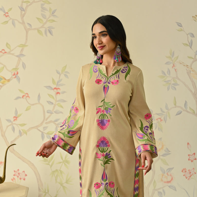 Beige Woollen Aari Embroidered Kashmiri Kurta