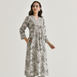 Grey Sanganeri Cotton Kurta with Embroidery & Lace Details