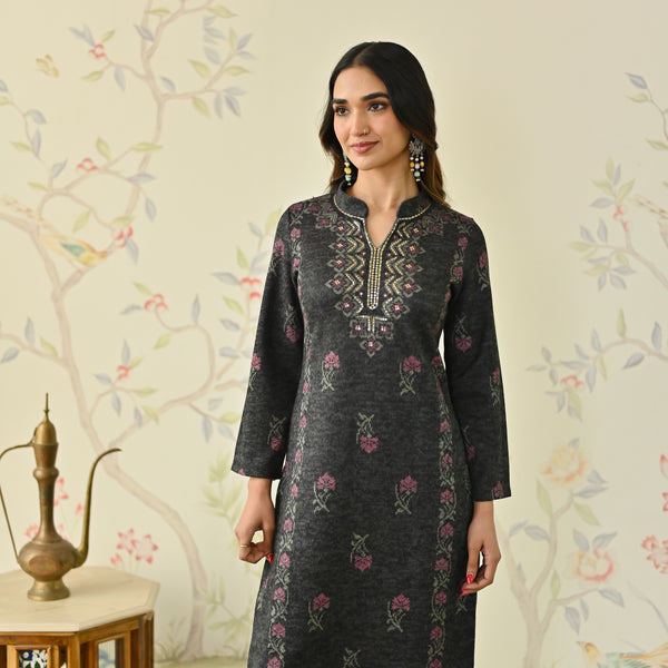 Black Embroidered Woollen Kurta