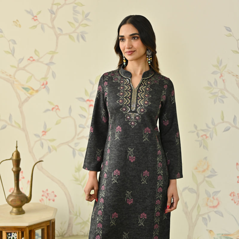 Black Embroidered Woollen Kurta