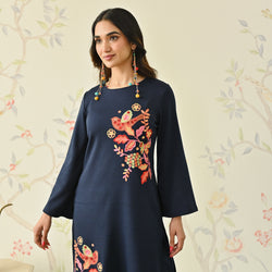 Navy Blue Woollen Aari Embroidered Floral Kurta with Flared Sleeves