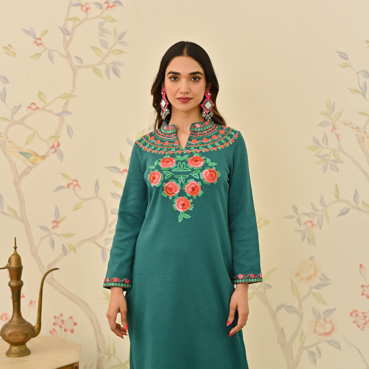 Teal Woollen Aari Embroidered Floral Kurta with Band Collar